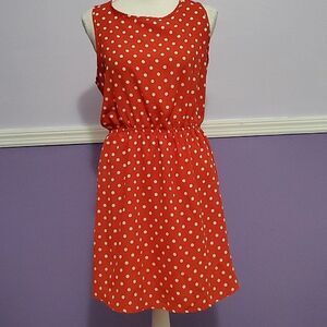 Peach Love Dark Orange Polka Dots Retro 60s Sleeveless Fit & Flare Mini Dress M